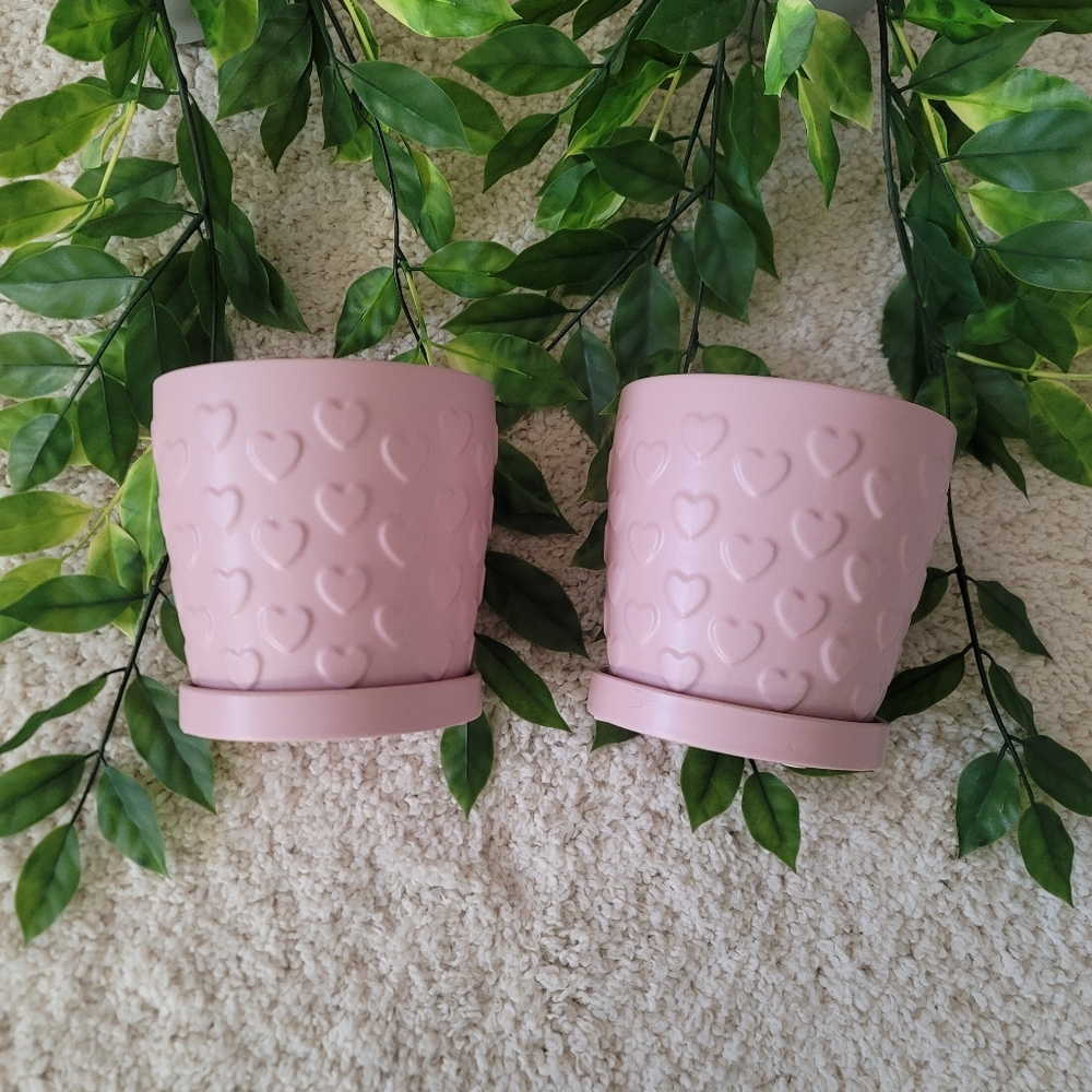 Pink Heart-Embossed Ceramic Planter with Saucer - Set of 2